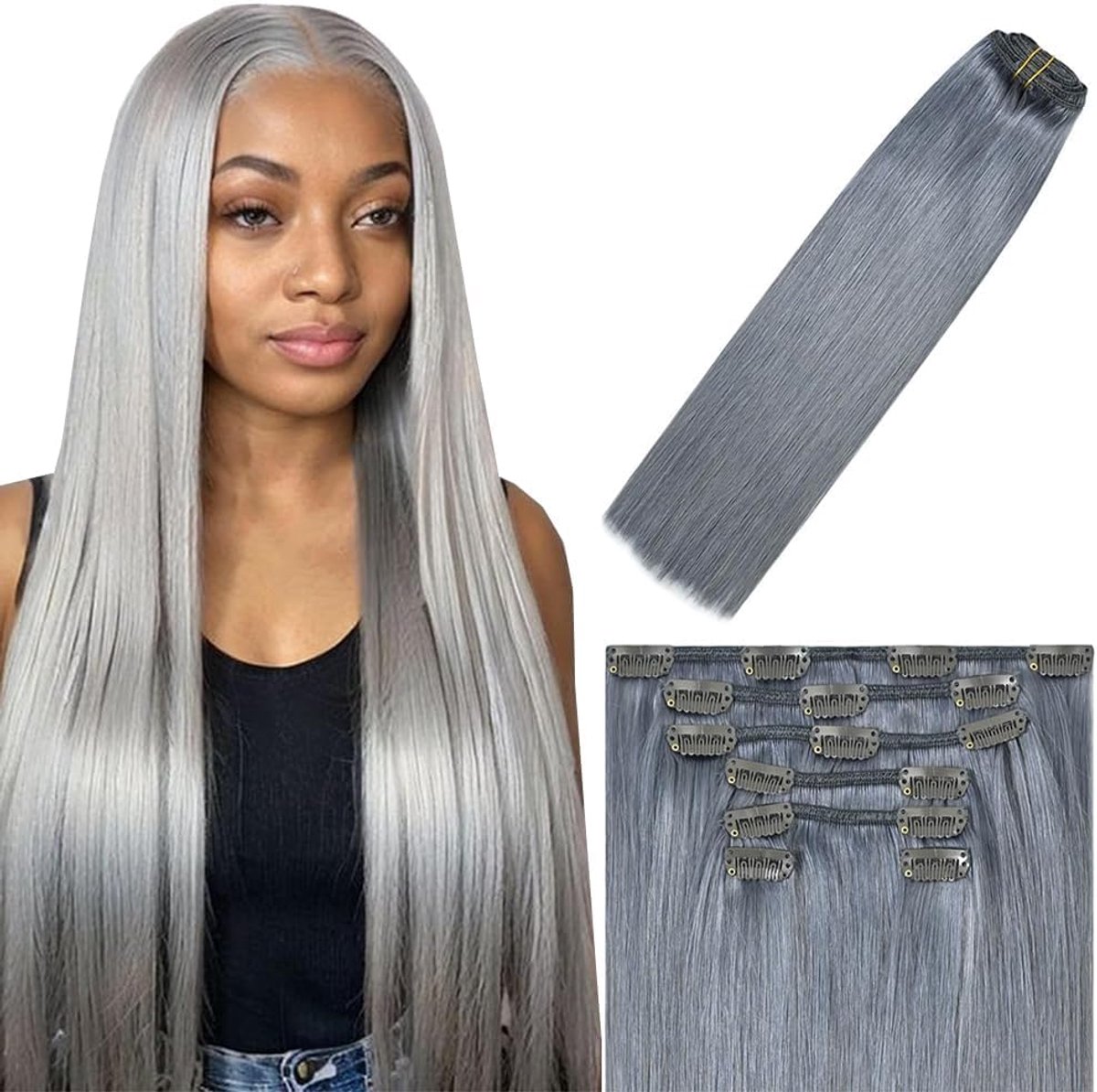 Human Hair Extensions Clip In Extensions Real Human Hair Extensions Clip Invisible Grey 120g 7pcs Per Pack for Women 18 Inch