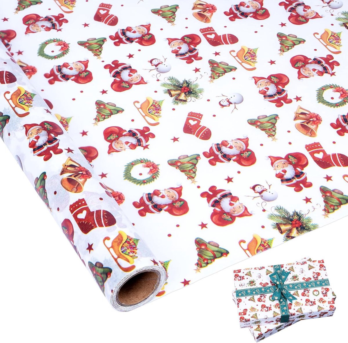 Zijdepapier, rol, zijdepapier voor verpakking, print van kerstman, kerstboom, klokken, cadeaupakketten voor bruiloft, feest, verjaardag, vakantie, doe-het-zelf, 10 x 43 cm