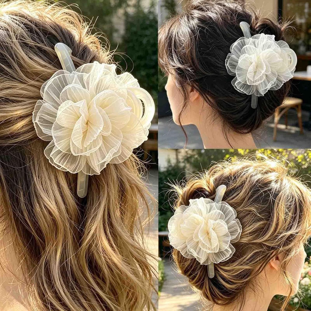 Haarset voor dames, 2-delig, organza, pioenrozen, haarklauw, clips, satijn, rozen, haarelastiek, romantische bloemen, haarsieraad voor bruiloft, strand, kantoor en feest, vrouwelijk accessoire als