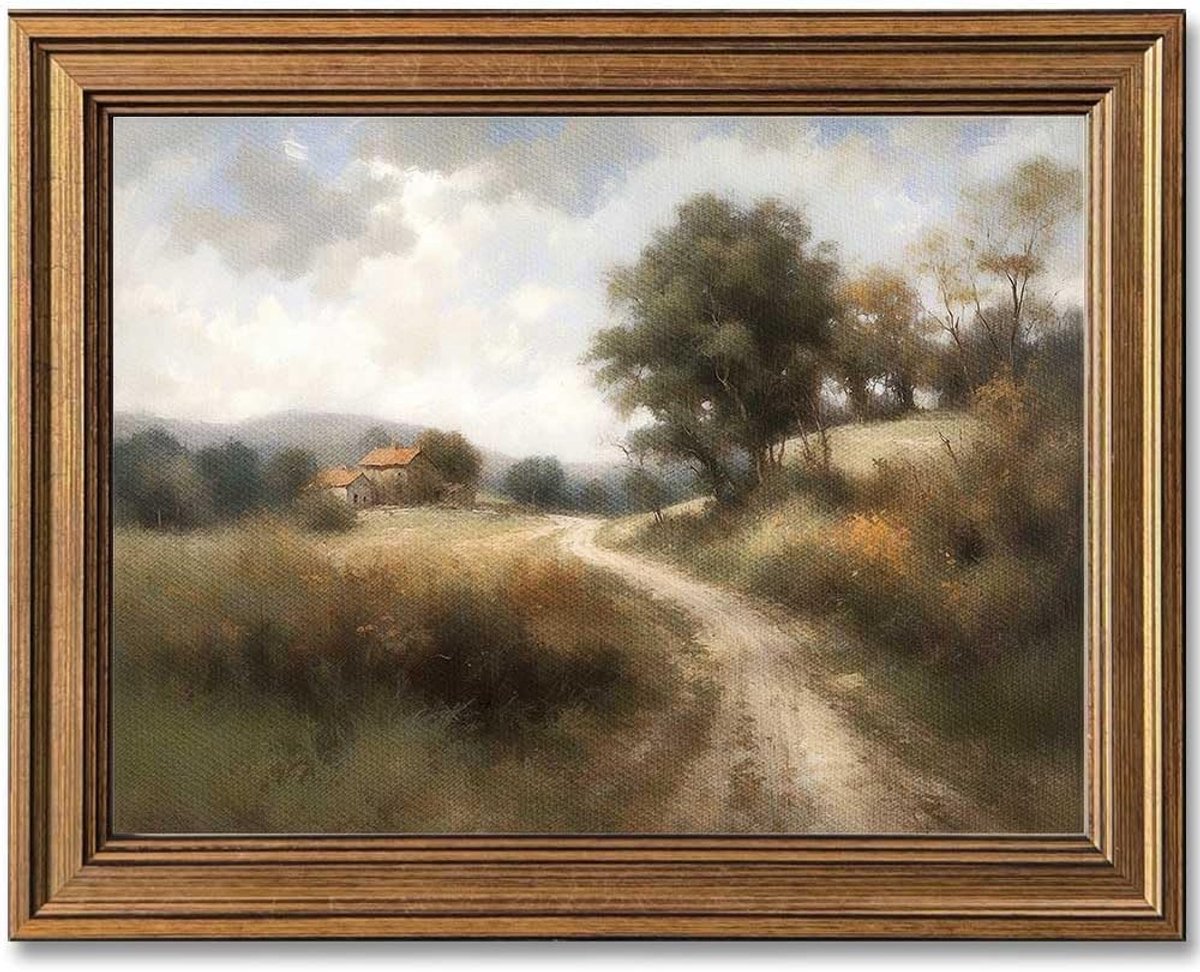 Ingelijste vintage muurkunst klassiek olieverfschilderij landweg canvas print keuken woonkamer boerderij wanddecoratie landelijk pad, 30 x 40 cm
