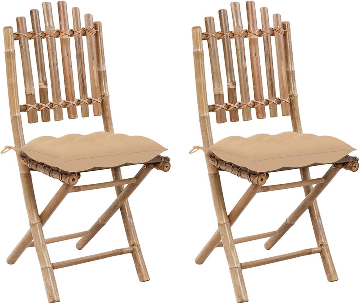 Inklapbare tuinstoelen met beige kussen, eetstoel, balkonstoel, armleuningstoel, rugleuningstoel, terrasstoel, zitgroep, klapstoel, tuinstoel, tuinmeubelen, bamboe, 2 stuks