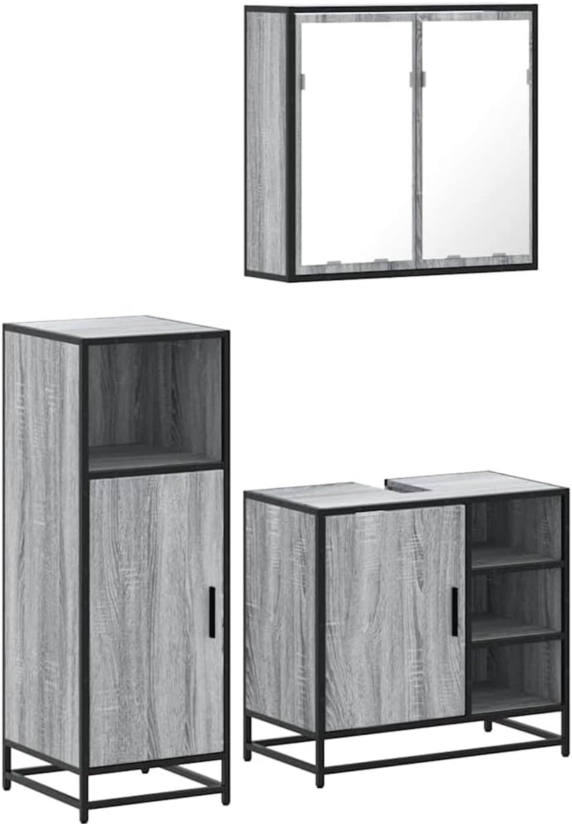 3-delige badkamermeubelset grijs van houtmateriaal met metalen frame en spiegel - stabiele badkamerkast met veel opbergruimte voor toiletartikelen, onderhoudsvriendelijk oppervlak, helder