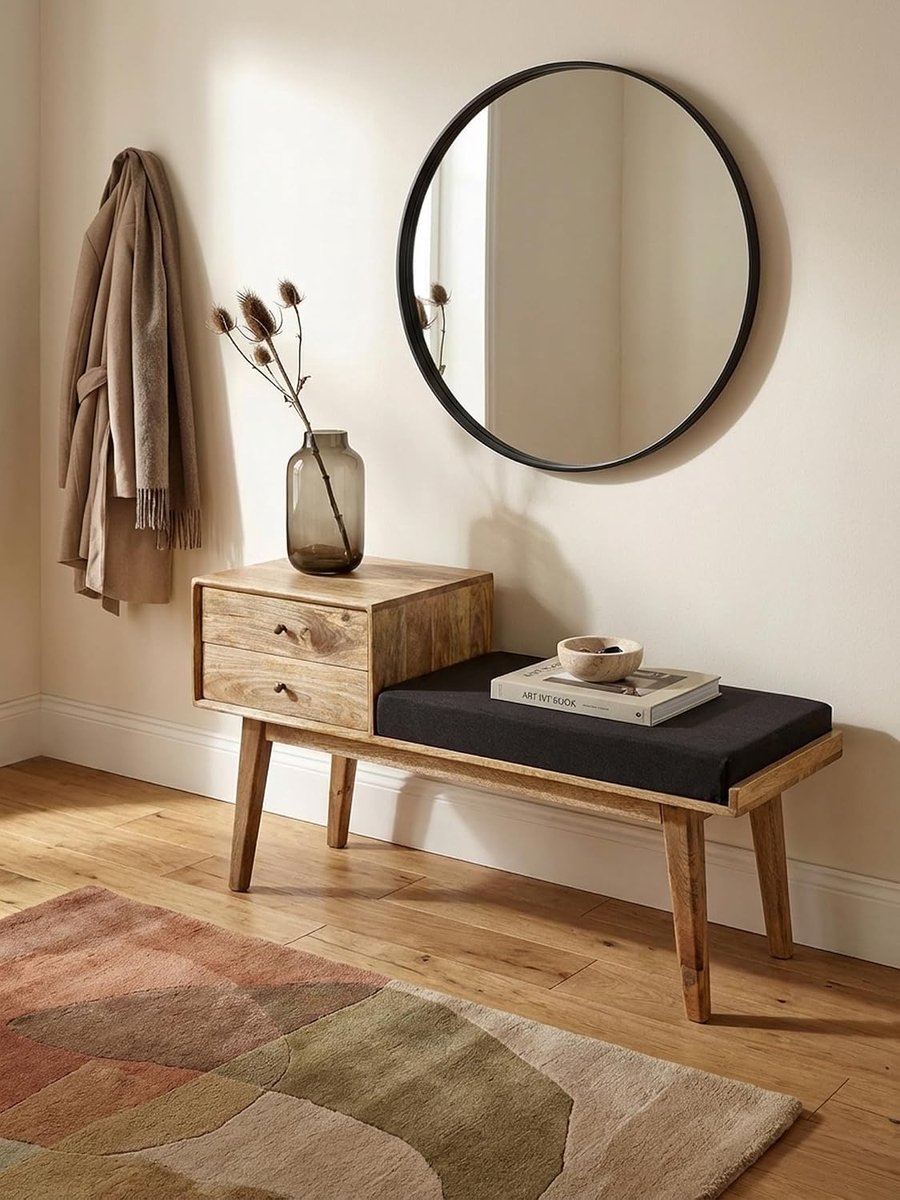 Stof/massief houten bank 120 x 65 x 40 cm in retrostijl | hal gestoffeerde bank met opbergruimte | gestoffeerde stoffen bank opslag zwart | kleine bed-bank halbank