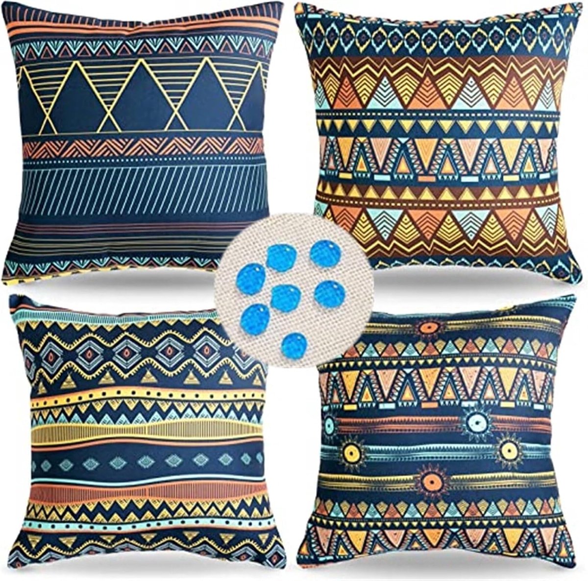 Outdoor Kussenhoezen 32x32 inch Set van 4 Waterbestendig Decoratieve Kussenslopen Linnen materiaal, Gedrukt Kussenslopen, voor tuinbank Slaapkamer, 80cm x 80cm Blauw Bohemian