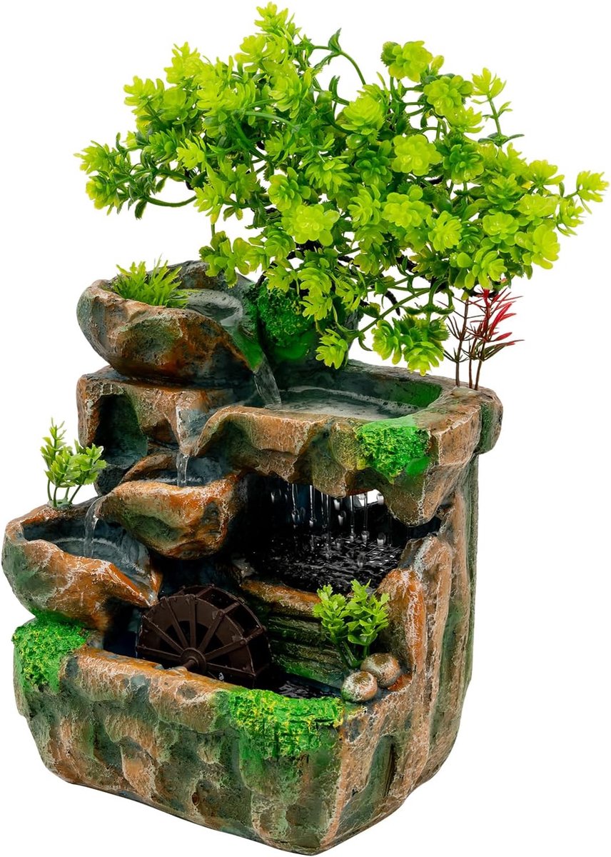 30 cm mini-rotsfontein, tafelfontein met waterwiel en kunstboom, Europese stekker, tafelwaterval, decoratie voor woonkamer, kantoor, eetkamer, studeerkamer, voor ontspanning en kamerdecoratie