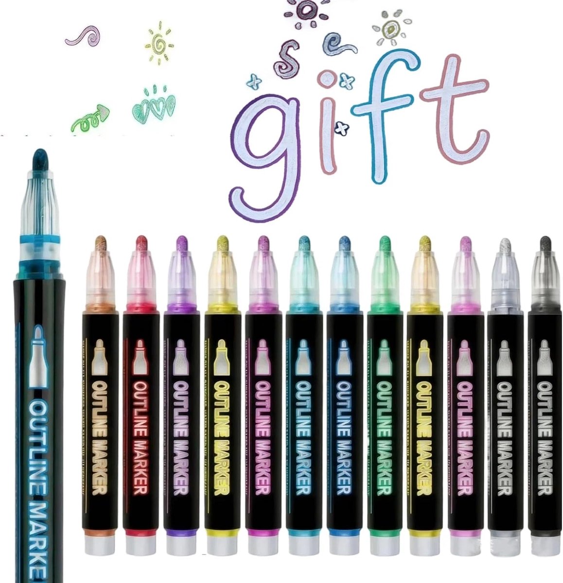 12-piece glitter pens,double line outline markers,outline markers, metallic marker pens, stocking fillers kids, gifts for teenage girls, birthday, Halloween, Christmas gifts, art supplies