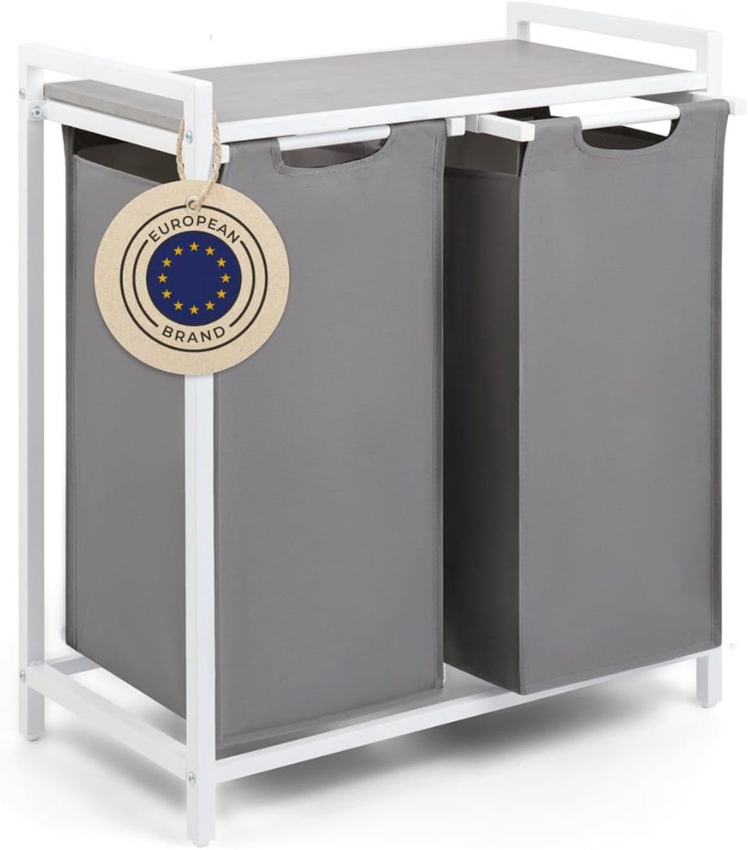 KLS® Wasmand 2 Vakken - Wasmand - Wasbox met 2 Vakken - Grijs Wit - 36cm x 65cm x 73cm