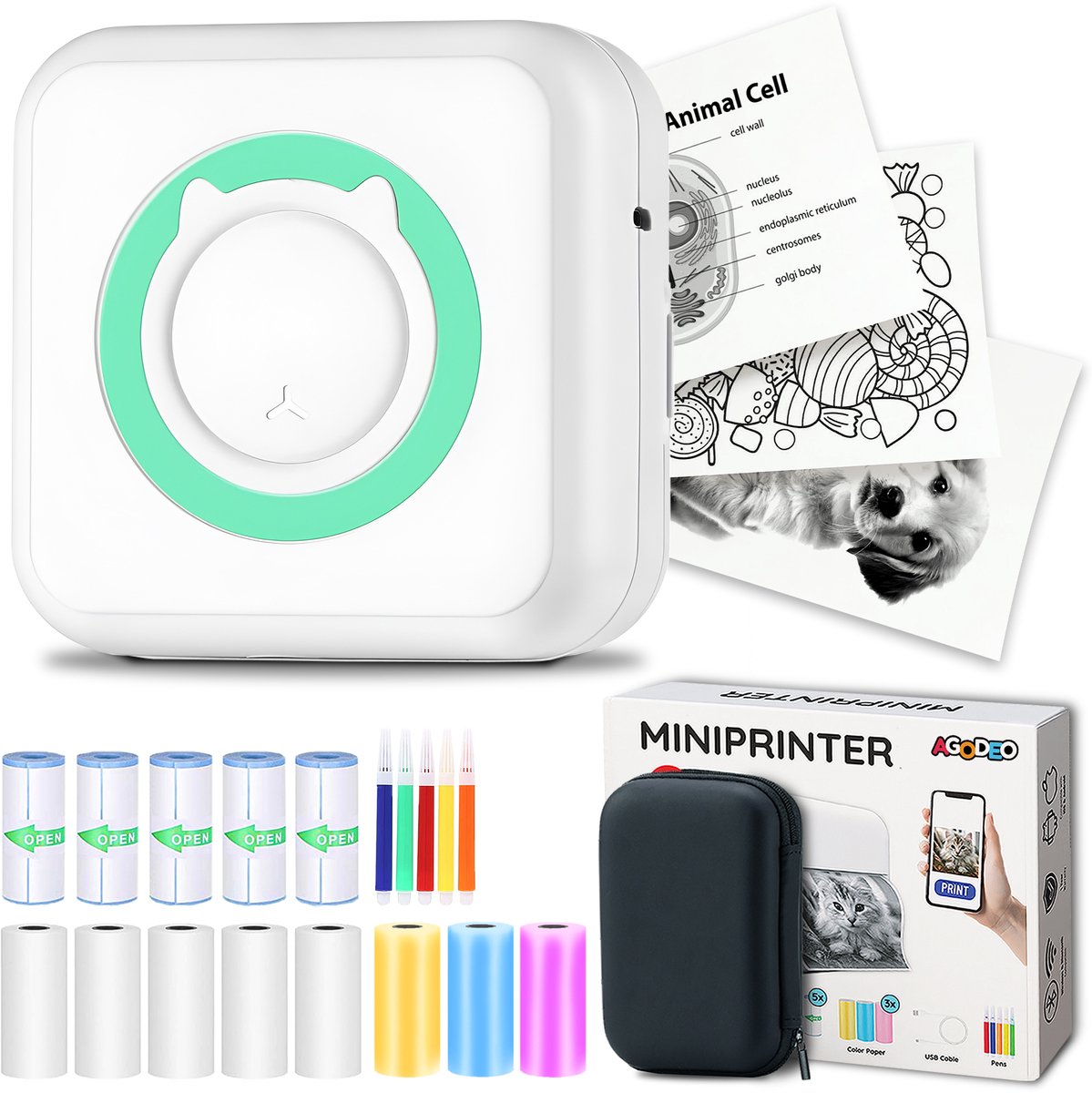 Agodeo Mini Printer - 300 DPI - Pocket Printer - Fotoprinter voor Mobiel - Mini Printer Incl.1 Harde Etui + 13 Rollen Papier (Sticker, Normaal, Kleur) + 5 Pennen - Pocket Printer Smartphone - Sticker Printer - Fotoprinter Mobiel