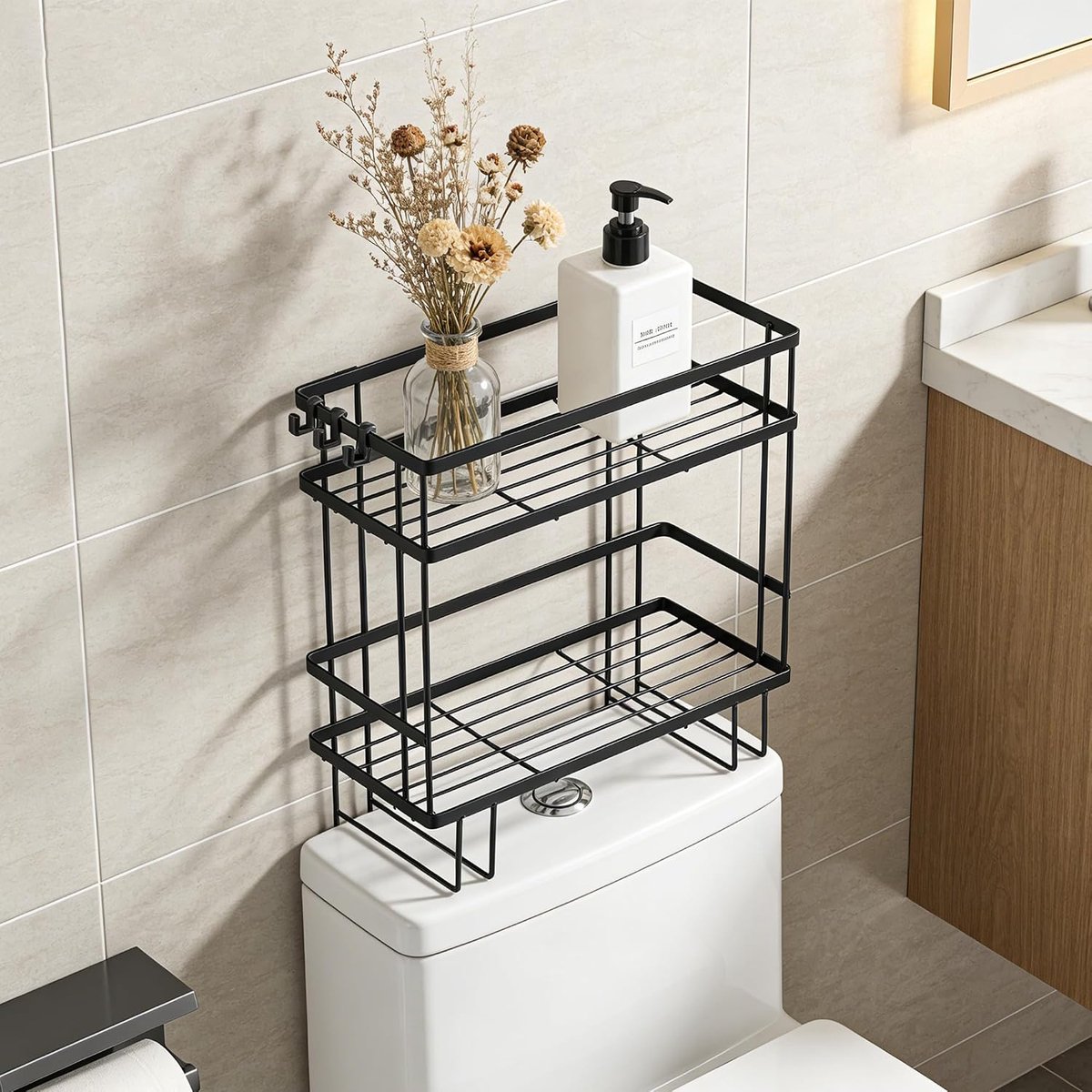 boven het toilet opbergplank, 2-laags badkamerorganizer zonder boren, multifunctionele toilettankopslag met 3 haken, ruimtebesparende badkamerplanken voor badkamer, wasruimte, zwart
