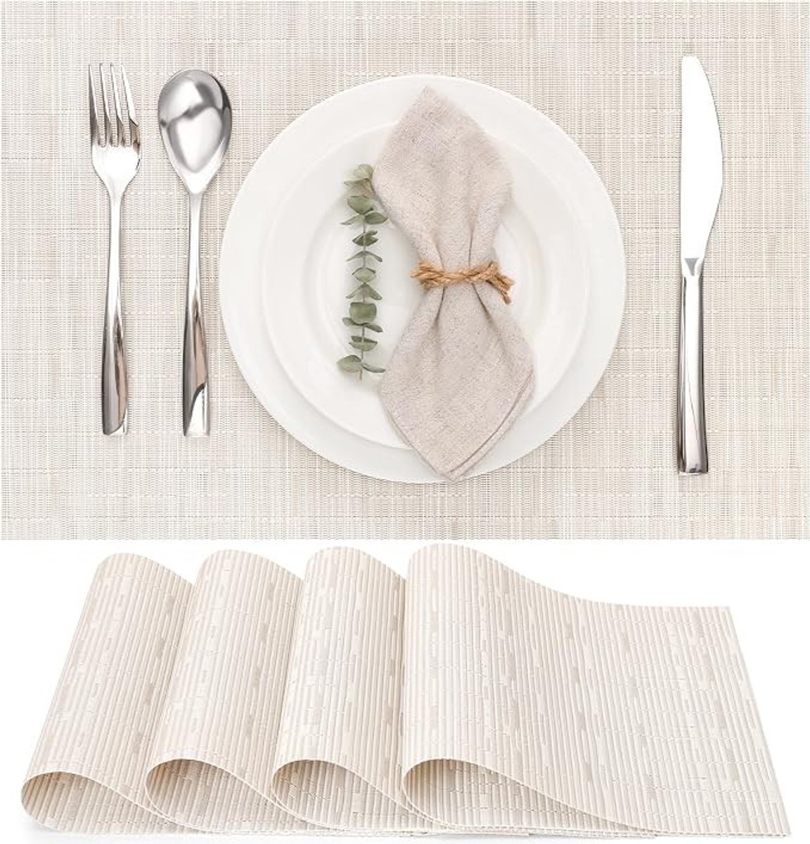 Livatto Placemats Set van 6 – Geweven Vinyl, Wasbaar en Hittebestendig, Crème