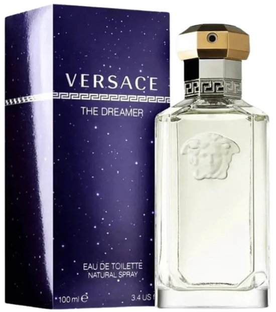 Versace The Dreamer 100ml parfumfles met een doos versierd met sterrenhemel.