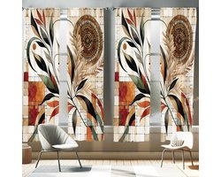 ABAKUHAUS Gordijnen set van 2, Herfsttinten Abstract Mandala Bloem en sich windender Blattzweig, Gordijn voor woonkamer en slaapkamer, 4 stuks 150 cm x 175 cm, Beige Oranje Lauriergroen Groen