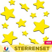 Witte achtergrond met vele gele magnetische sterren van verschillende groottes. 'Sterrenset 40x'.