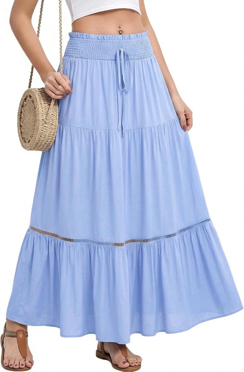 Rokken zomer maxi rok elastische hoge taille elegante A-lijn rokken dames vloeiende swing midi-lengte geplooide rokken voor boho vakantie strand casual rok