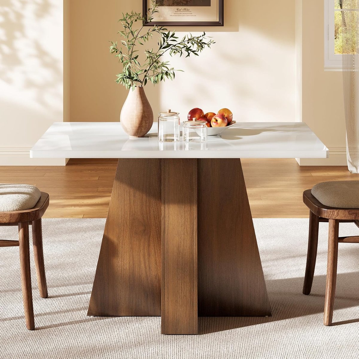 Tribesigns rechthoekige Eettafel voor 4-6 personen -120 x 80 x 75 cm - Industrieel Keukentafel - witte eettafel met frame in walnootlook - voor keuken, eetkamer, kleine ruimtes en thuiskantoor