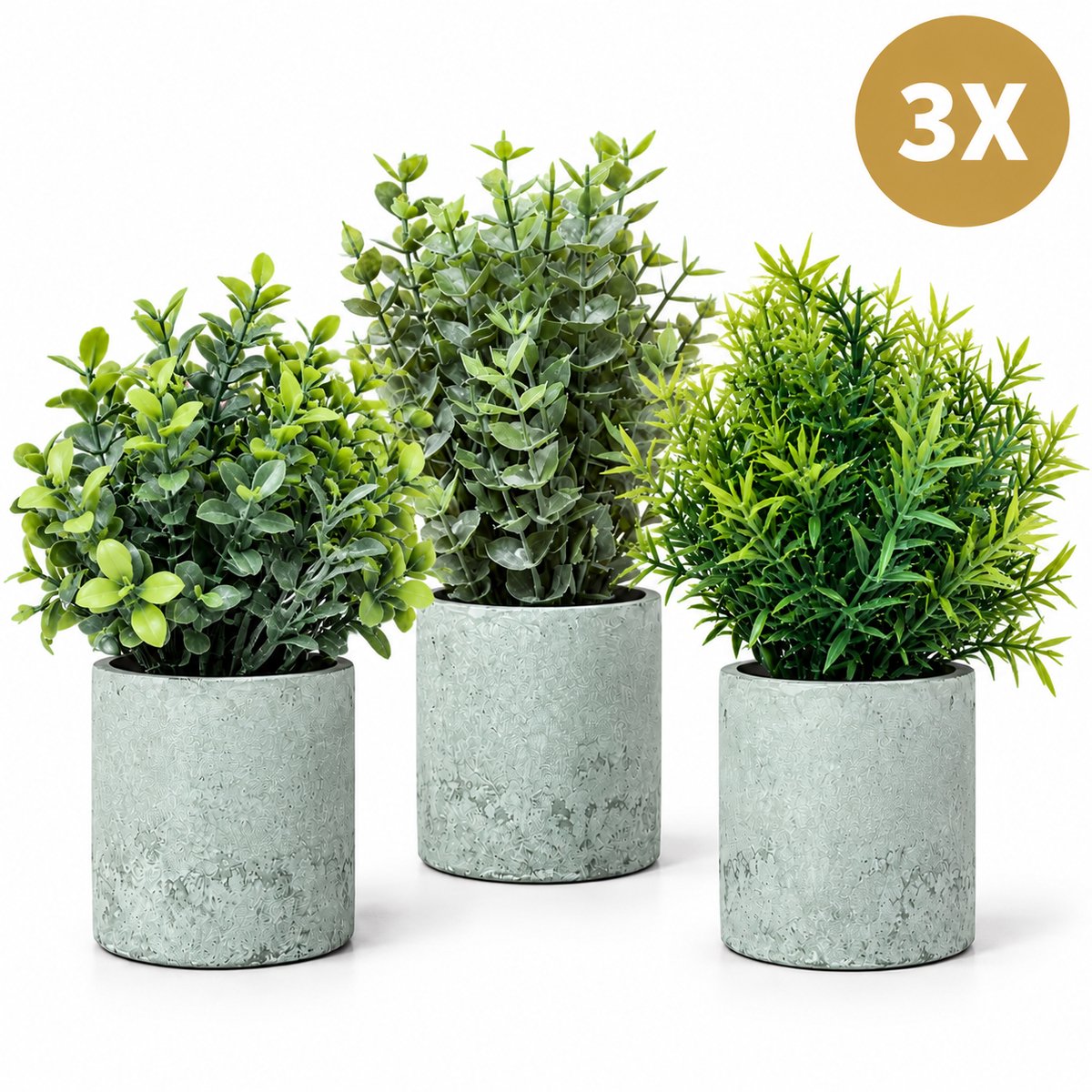 DIVERZA Kunstplanten Set van 3 – Nep Planten in Pot Betonlook – Hoogte 20 cm – Groen-Mint