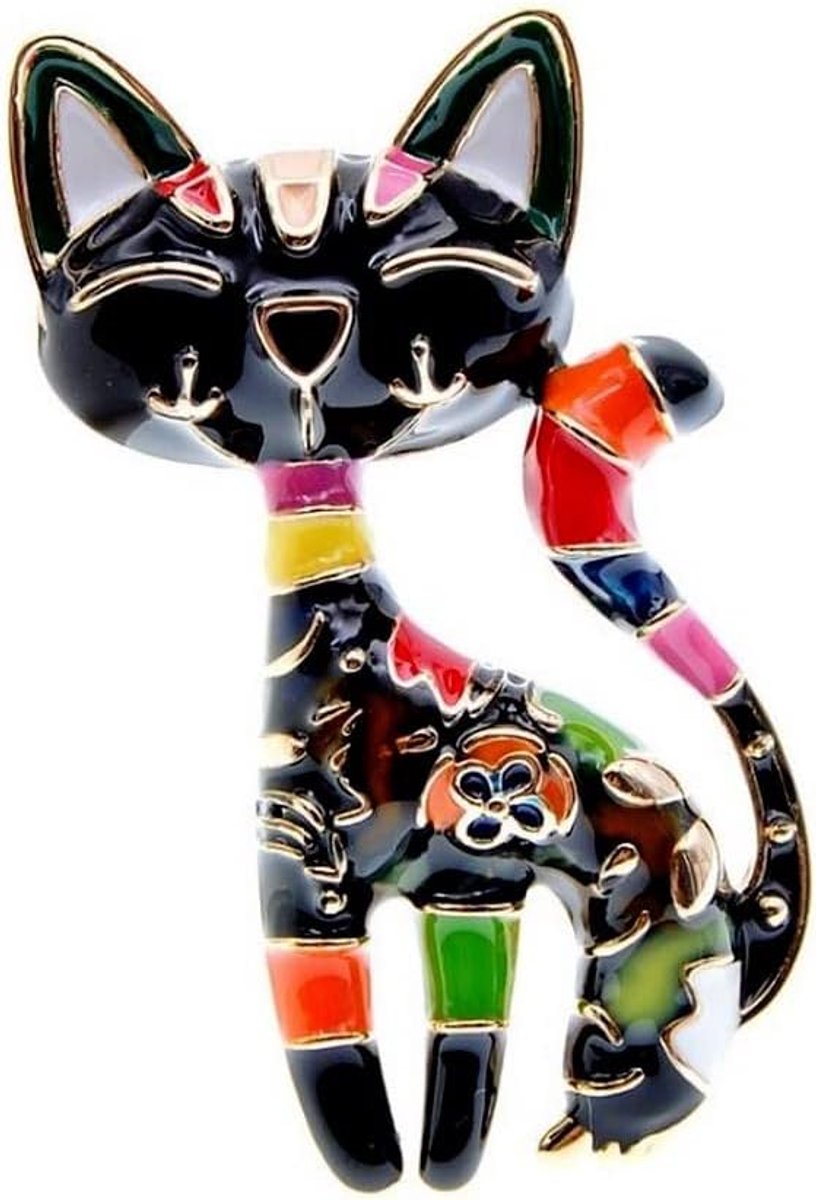 Zwarte en veelkleurige stalen kleine kattenbroche.