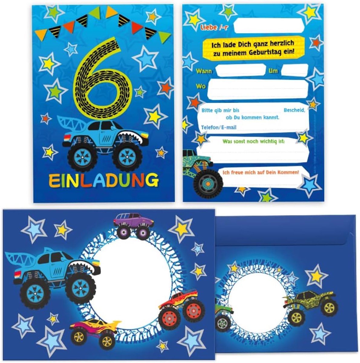 12 uitnodigingskaarten incl. 12 enveloppen voor 6e kinderverjaardag zesde verjaardag jongens monstertruck auto verjaardagsuitnodigingen