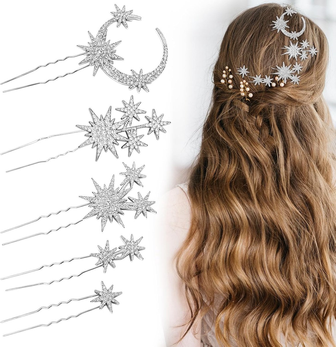 5 stuks kristallen haaraccessoires voor bruiloften: maan en ster, sterren haaraccessoires voor bruiloften, voor bruiden, vrouwen, meisjes en feestjes, zilveren hemelse kristal bruidshaar pennen