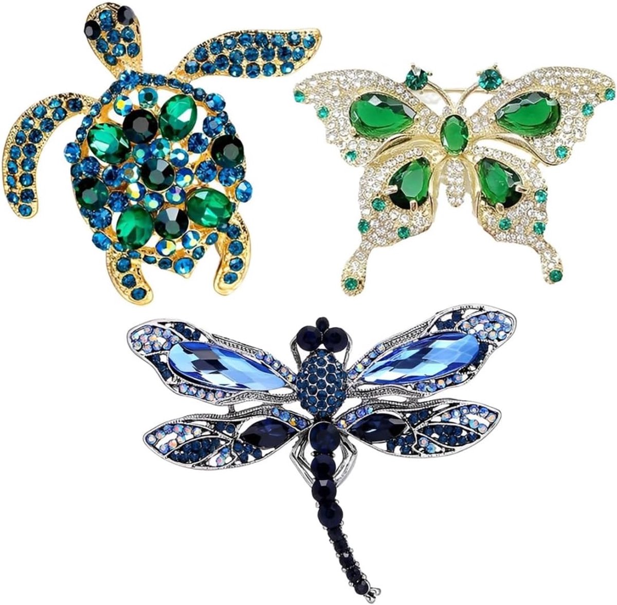 Broches en broches voor dames, bezet met strass, bestaande uit 3 delen: insecten, libellen, vlinders en schildpadden