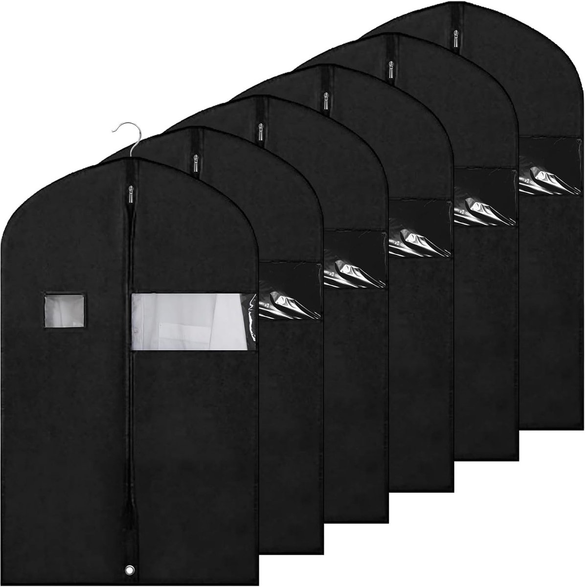 6 stuks kledingzakken, 100 x 60 cm, zwarte kledingzakken met transparant venster en ritssluiting, kledinghoes voor pakken en jurken