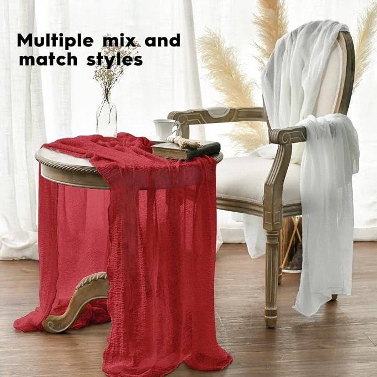 Livatto Boho kaasdoek tafelloper 80x300 cm – rode gaze tafeldecoratie voor bruiloft, feest en kerst