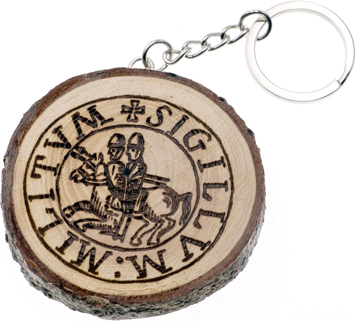 Generico Sigillum Milutum Sleutelhanger van natuurlijk hout met Tempelierszegel met twee ridders, Bruin, Eén maat