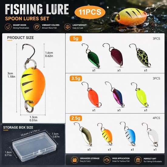 10-delige set forelaas, realistische metalen lepels, forel, mini-draaifiguur, forelaas met haak, forellepel, accessoires, visaas inclusief paillettendoos, geschikt voor verschillende vissen — afbeelding 2