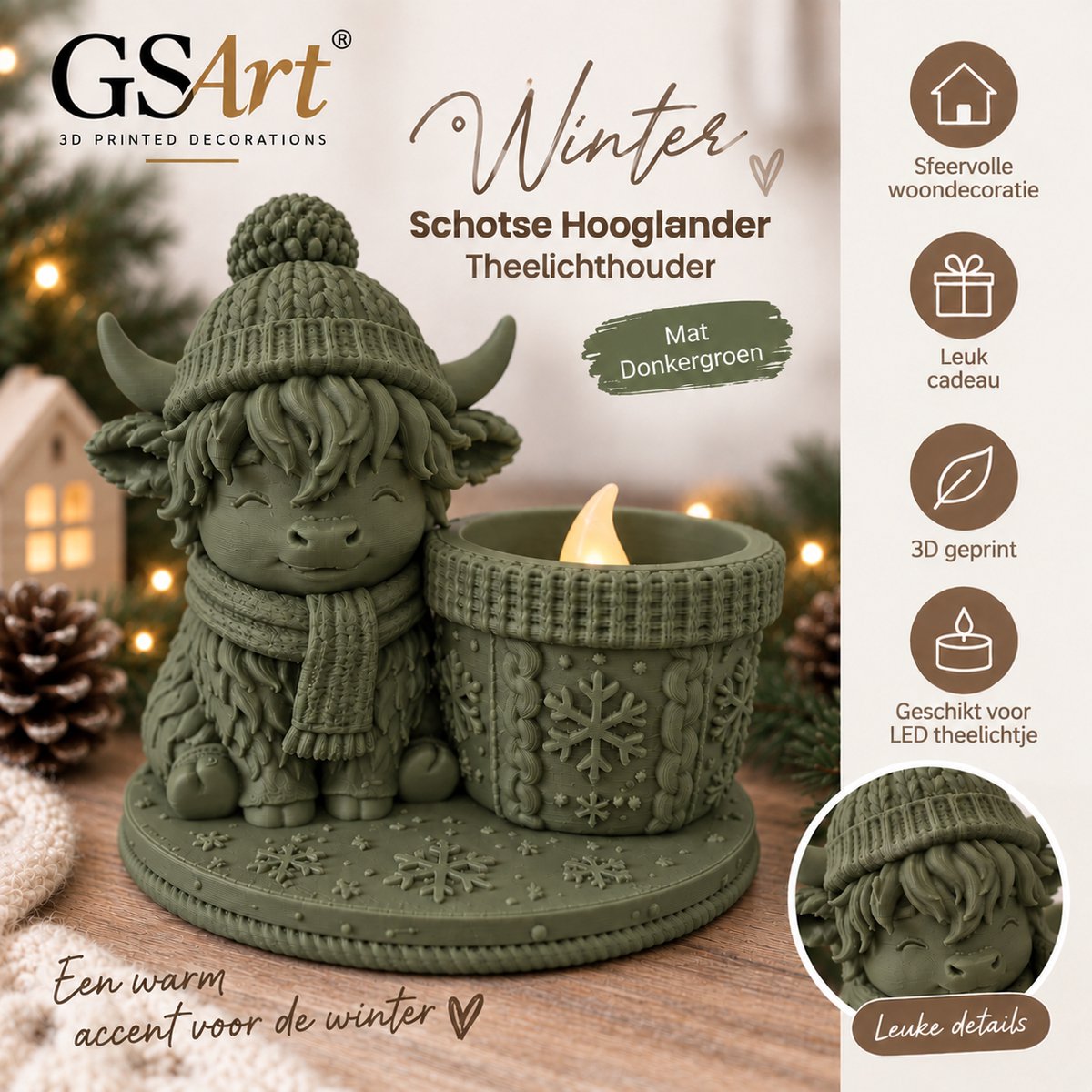 GSArt Theelichthouder Schotse Hooglander Winter – inclusief LED-kaarsje - Mat Donkergroen