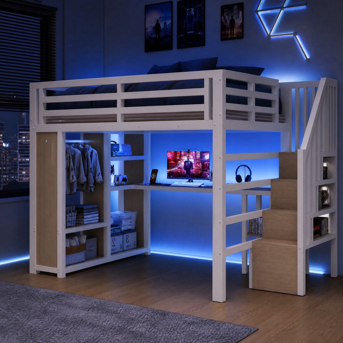 REDOM Hoogslaper - Geïntegreerd bureau en open kledingkast - LED-verlichting met USB-laadfunctie - Metalen frame - Wit - 251 x 144 x 170 cm