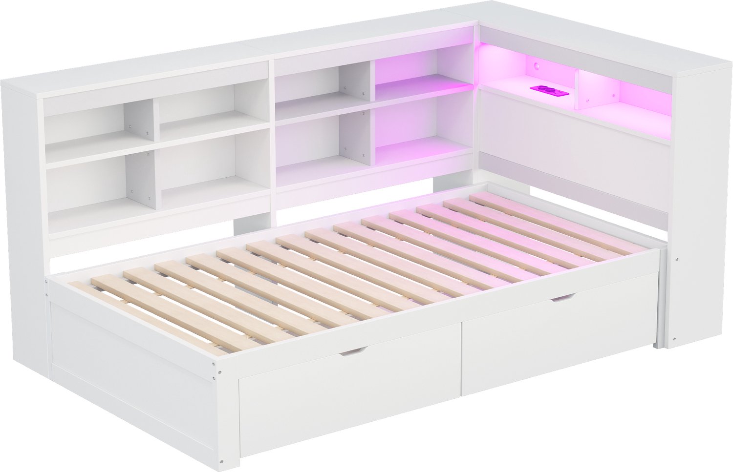 MUVANO Eenpersoonsbed 90 x 200 cm - massief houten slaapbank - bed met opbergruimte, USB-aansluiting en kleurwisselende ledverlichting, wit