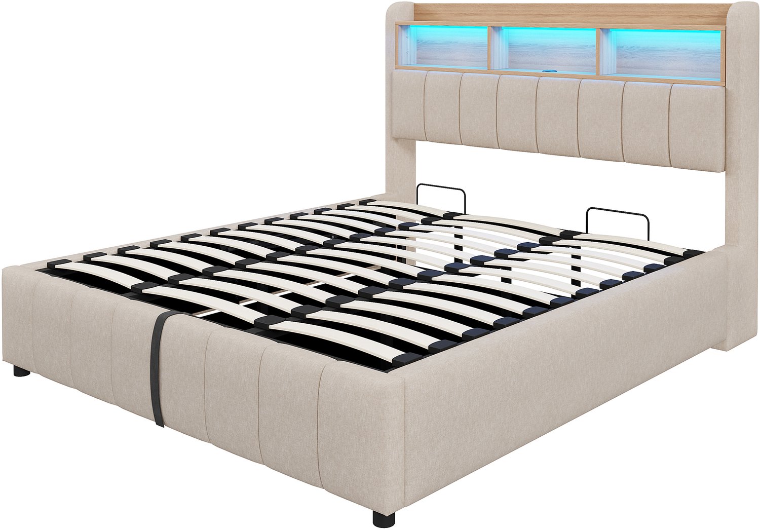 MUVANO Gestoffeerd bed 180x200 - beige bed - led-verlichting - hydraulische opbergruimte - hoofdbord met planken - linnen bekleding voor de slaapkamer