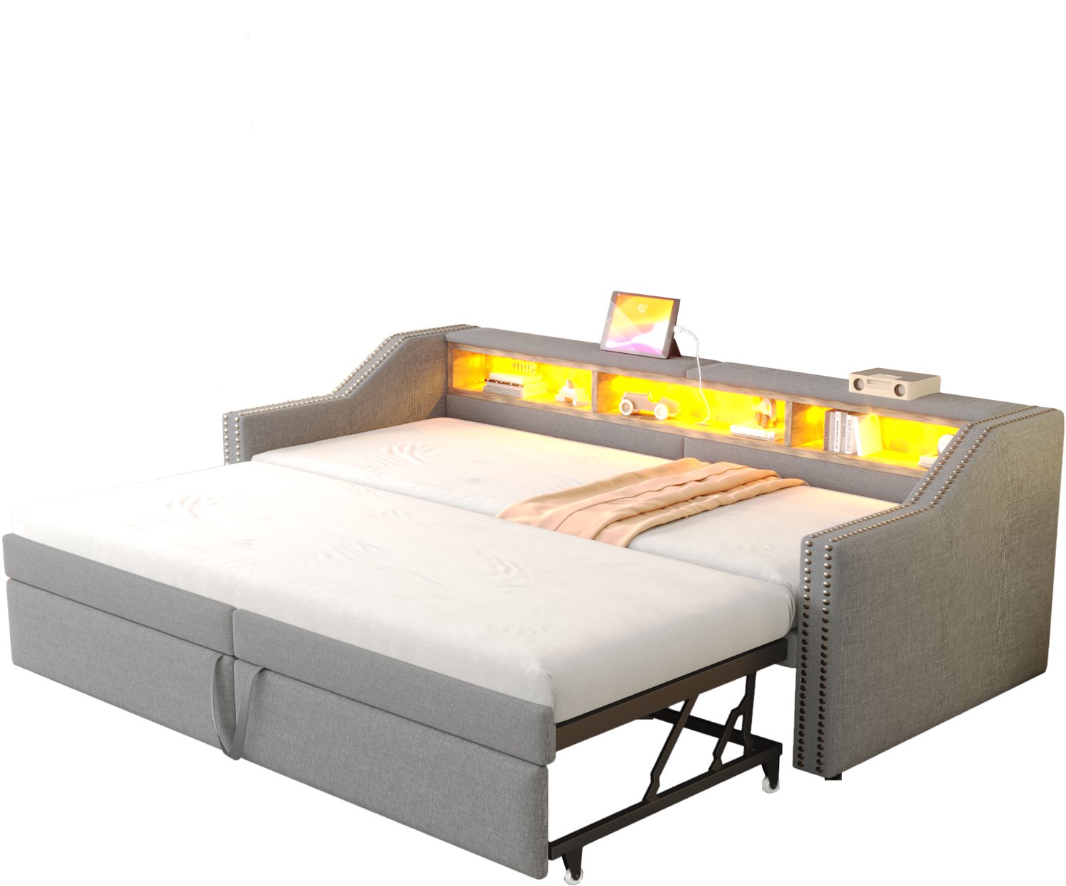 MUVANO Gestoffeerde bedbank 90x200 cm - uitschuifbaar bed tot 180x200 cm - linnen bekleding, lattenbodem, opbergruimte, ledverlichting en USB - lichtgrijs