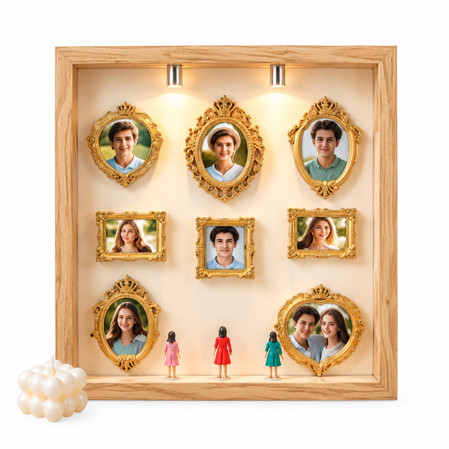 SWGOTA Zwarte MDF-presentatielijst, binnenmaat 20 x 25 cm, voor op tafel, met 8 miniatuurlijstjes, 8 willekeurige figuurtjes en 2 lampjes