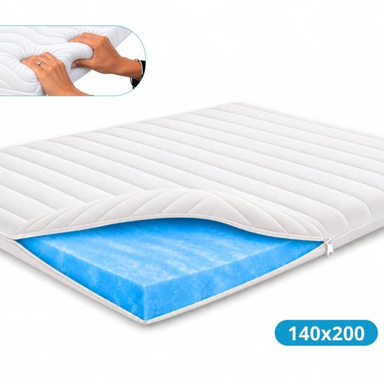 Witte 140x200 matras met doorgesneden hoek die de blauwe schuimlaag toont.