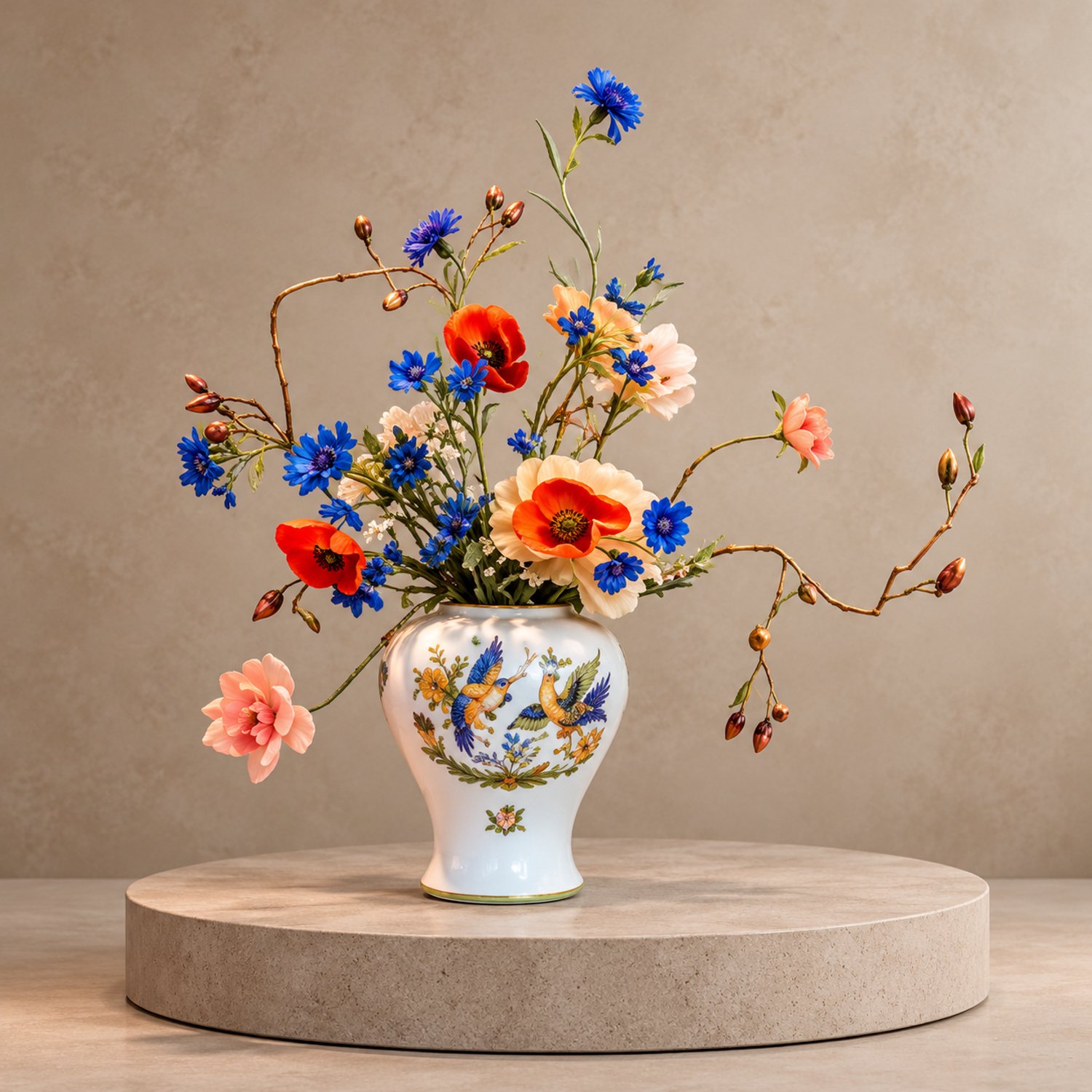 Seta Fiori Brocante Kunstbloemen in Italiaanse Aardewerk Vaas - 55 cm - Handgemaakt in Nederland - Blauw, Oranje en Perzik - Compleet Boeket creme, geel, blauw, groen