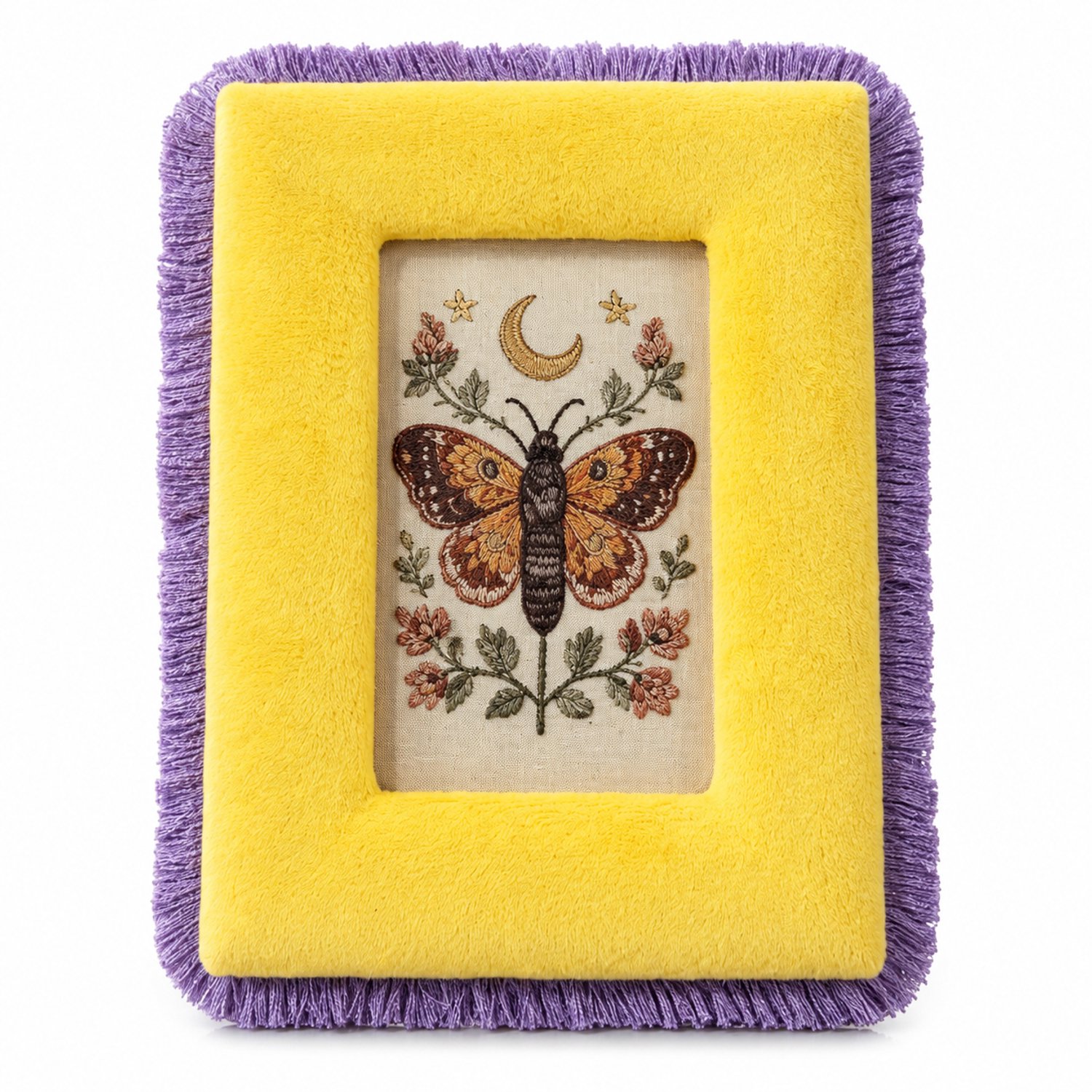 SWGOTA Goudgele fluwelen fotolijst met paarse franjes - Fotoformaat 10 x 15 cm - Buitenmaat 20 x 26 cm - Horizontaal of verticaal neer te zetten - Inclusief afbeelding Goudgeel