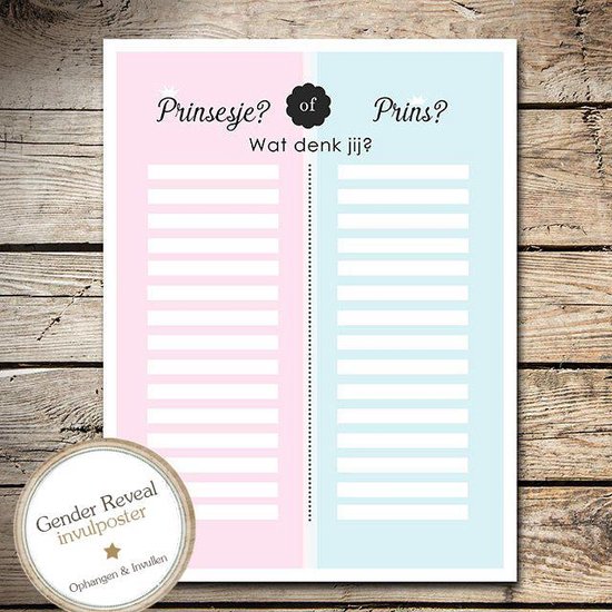 Invulposter 'Prinsesje of Prins? Wat denk jij?' met roze en blauwe kolommen voor gokken.
