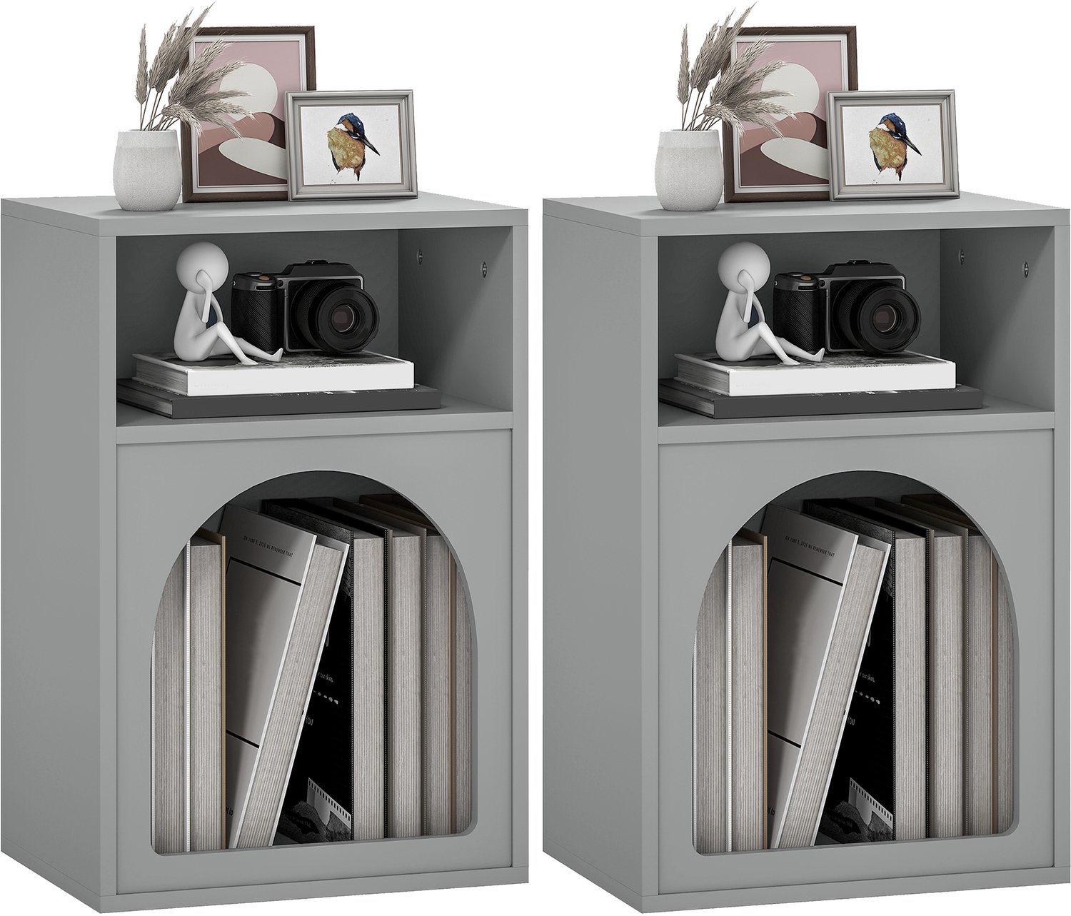 Lunpog Nachtkastjes - Tweedelig set met gebogen design - Open schappen - Afmetingen: 40 cm x 30 cm x 60 cm - Grijs