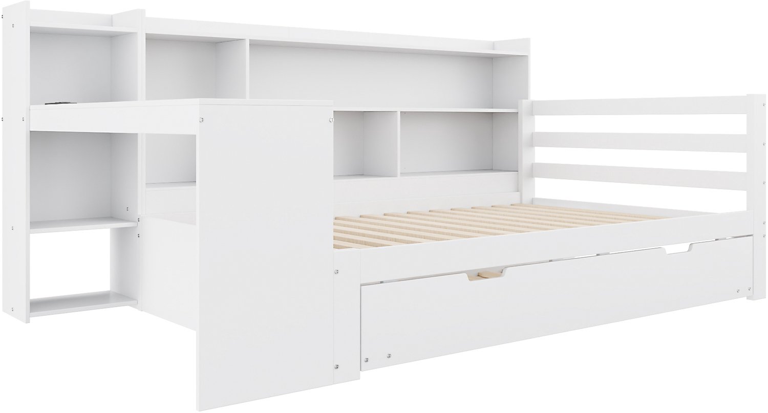 MUVANO Multifunctioneel bed 90 x 200 cm - bedbank met uitschuifbaar onderschuifbed - bureau, boekenkast en opbergvakken - massief hout - wit
