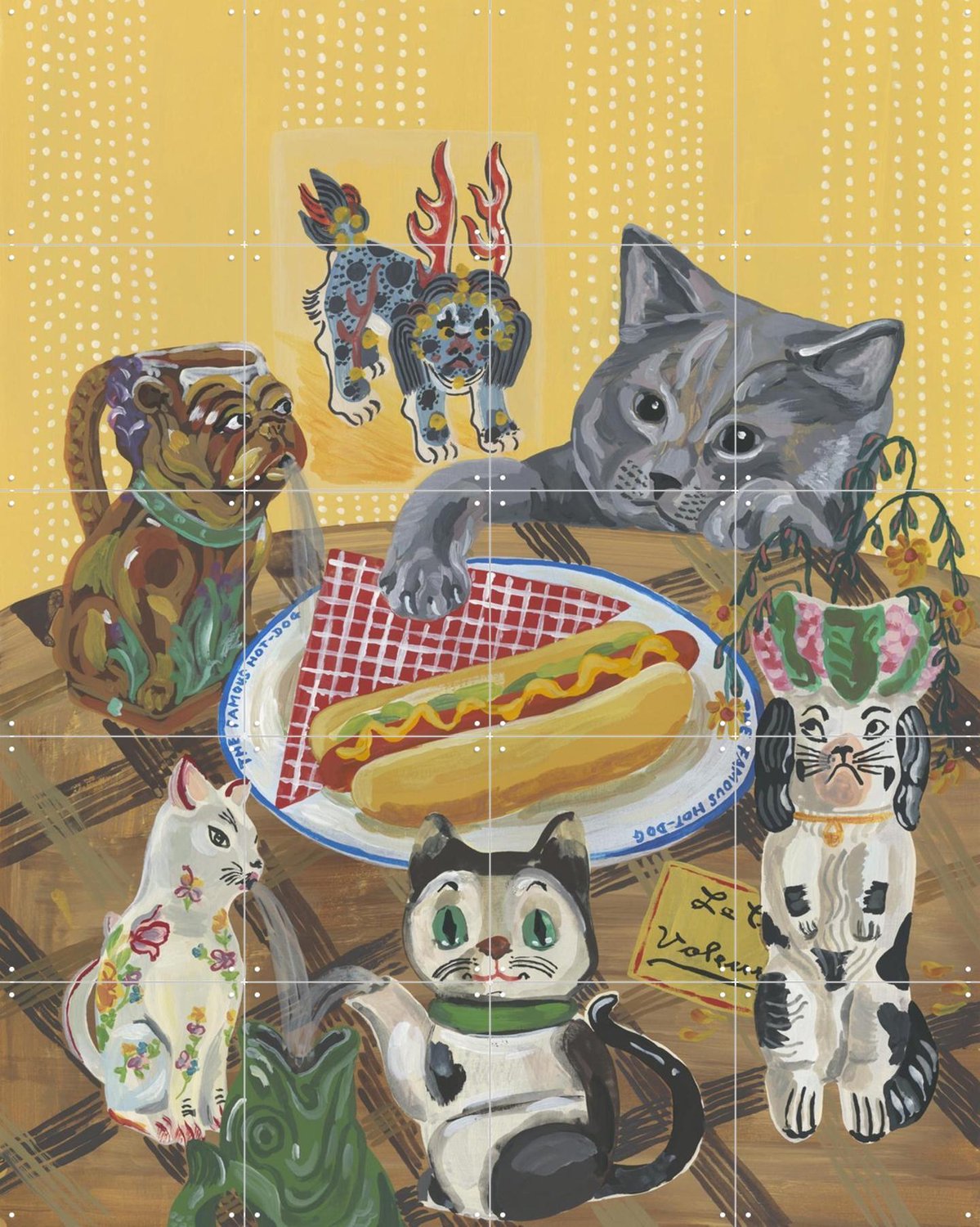 IXXI The Famous Hot Dog, Nathalie Lété - 80 x 100 cm - Grote wanddecoratie en posters - Speels, Illustraties, Eetkamer, Woonkamer, Dieren, Voedsel Geel