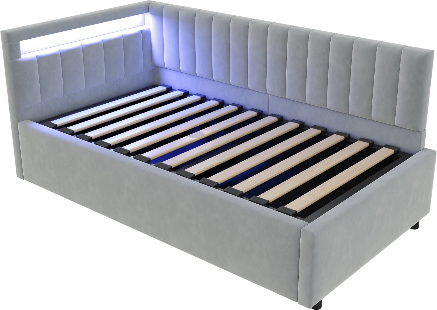 MUVANO Bedbank 90x200 met LED-verlichting en hydraulische opbergruimte - gestoffeerd fluweel, lattenbodem, omkeerbaar hoofdbord voor slaap- en logeerkamer Grijs