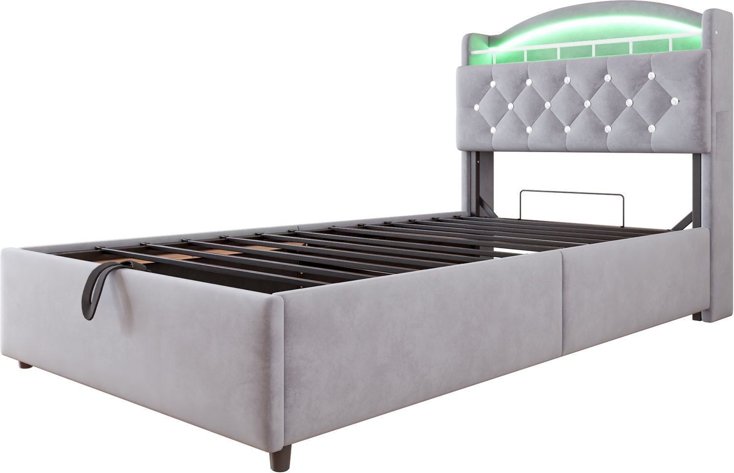 MUVANO Kinderbed 90x200 - gestoffeerd kinderbed - kinderbed met opbergruimte - LED en USB - metalen lattenbodem - grijs voor de kinderkamer