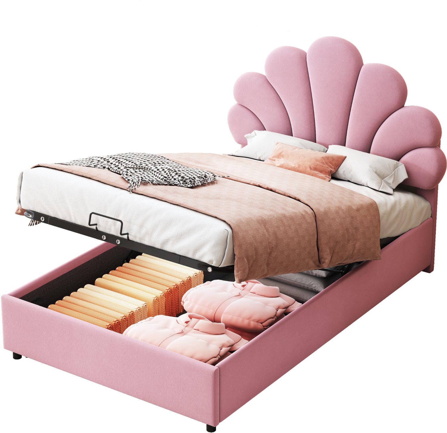 MUVANO Kinderbed 90 x 200 cm - roze gestoffeerd bed - bloemenhoofdbord - hydraulische opbergruimte - verstelbaar hoofdbord - fluweel - lattenbodem