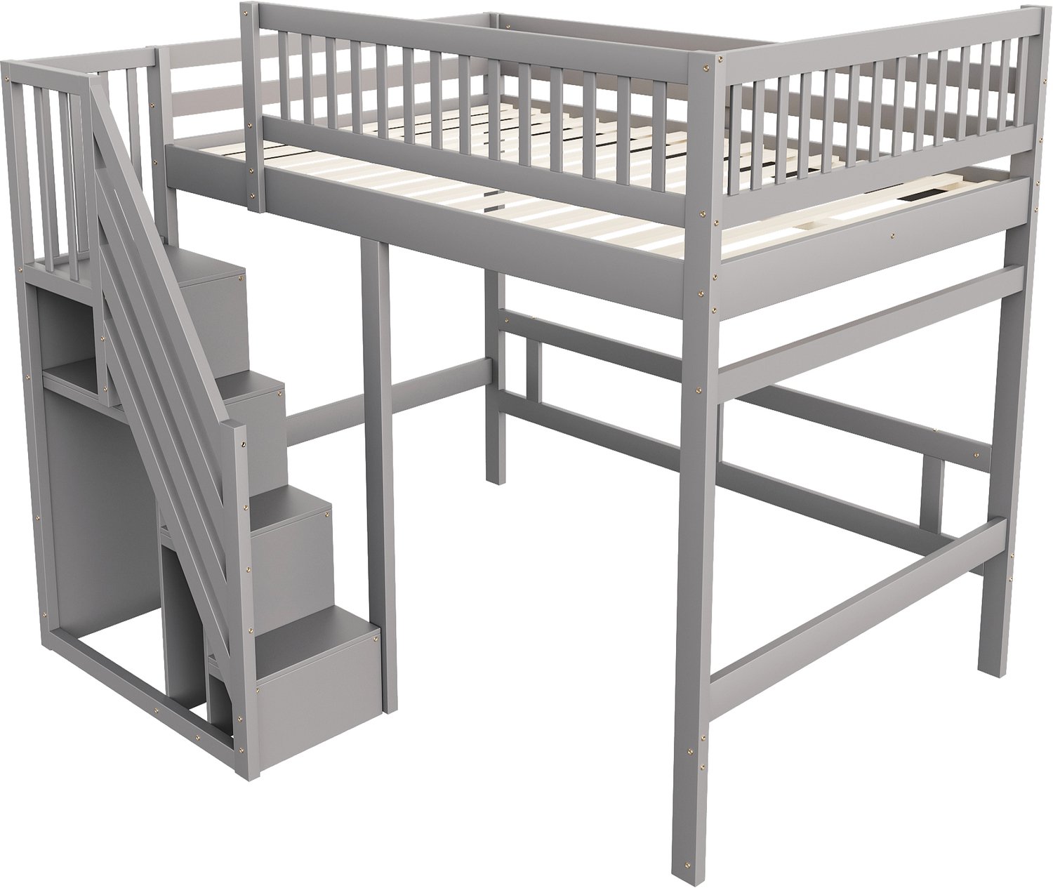 MUVANO Hoogslaper 140x200 met opbergtrap - massief houten kinderbed met hoge veiligheidsrand, grijs - ruimtebesparend bed met plaats eronder