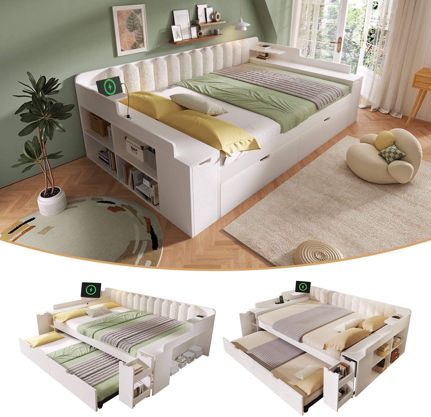 Merax Onderbed 140x190 cm - met lattenbodem - wieltjes en opbergvak - wit