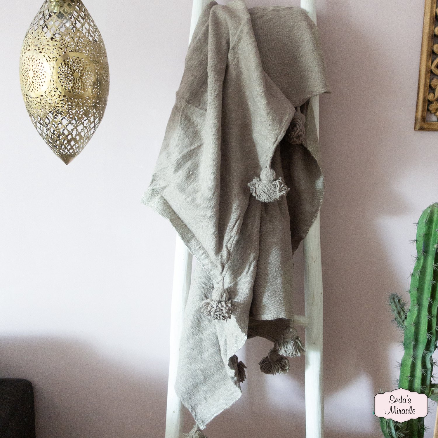 Seda's Miracle Marokkaanse Berber pompom deken, bruin, medium zilver