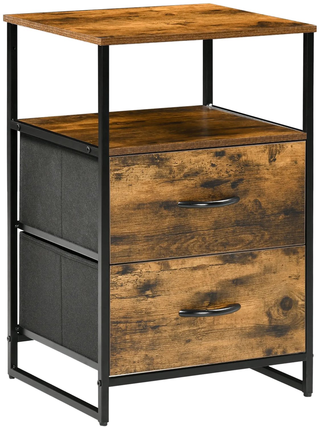 Homcom nachtkastje - 2 stoffen laden en open vak - MDF en staal - bruin/zwart - 45 x 40 x 70,5 cm Bruin; Zwart