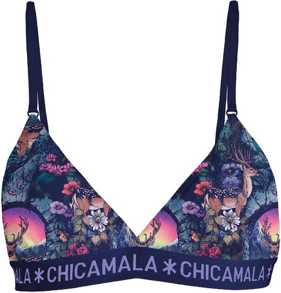 Donkerblauwe triangle bh met een kleurrijke print van herten, bloemen en zonsondergang, en een Chicamala merkband.