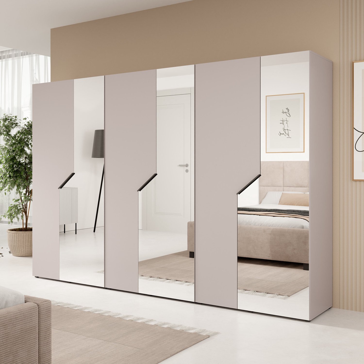 MEUBELLA Arena - Kledingkast 6-deurs - Spiegel - Beige - 300x202x50cm